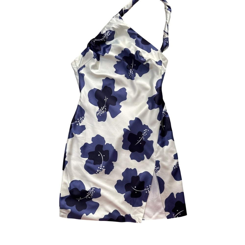 Johansen Floral Halter Dress Womens Blue White Excellent Satin Open Back Slit